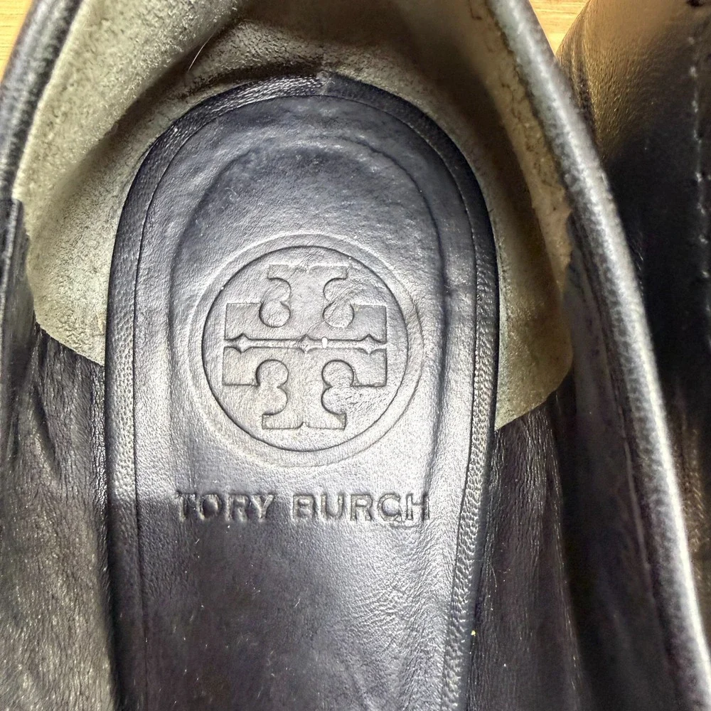 Tory Burch Reva Flats Black Soft 6.5 M Soft Leather Gold Logo Modern Office Walk